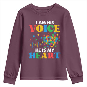 I Am His Voice He Is My Heart Youth Sweatshirt Autism Awareness Puzzle Piece TS11 Maroon Print Your Wear