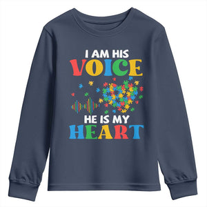 I Am His Voice He Is My Heart Youth Sweatshirt Autism Awareness Puzzle Piece TS11 Navy Print Your Wear