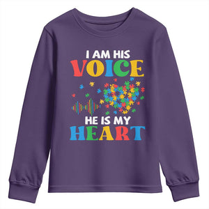 I Am His Voice He Is My Heart Youth Sweatshirt Autism Awareness Puzzle Piece TS11 Purple Print Your Wear