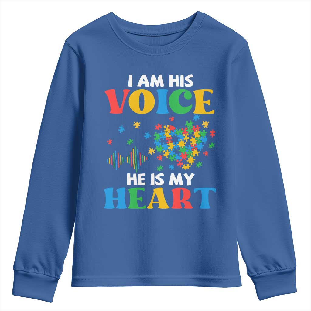 I Am His Voice He Is My Heart Youth Sweatshirt Autism Awareness Puzzle Piece TS11 Royal Blue Print Your Wear