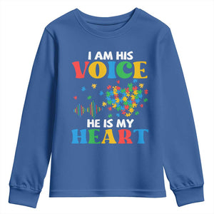 I Am His Voice He Is My Heart Youth Sweatshirt Autism Awareness Puzzle Piece TS11 Royal Blue Print Your Wear