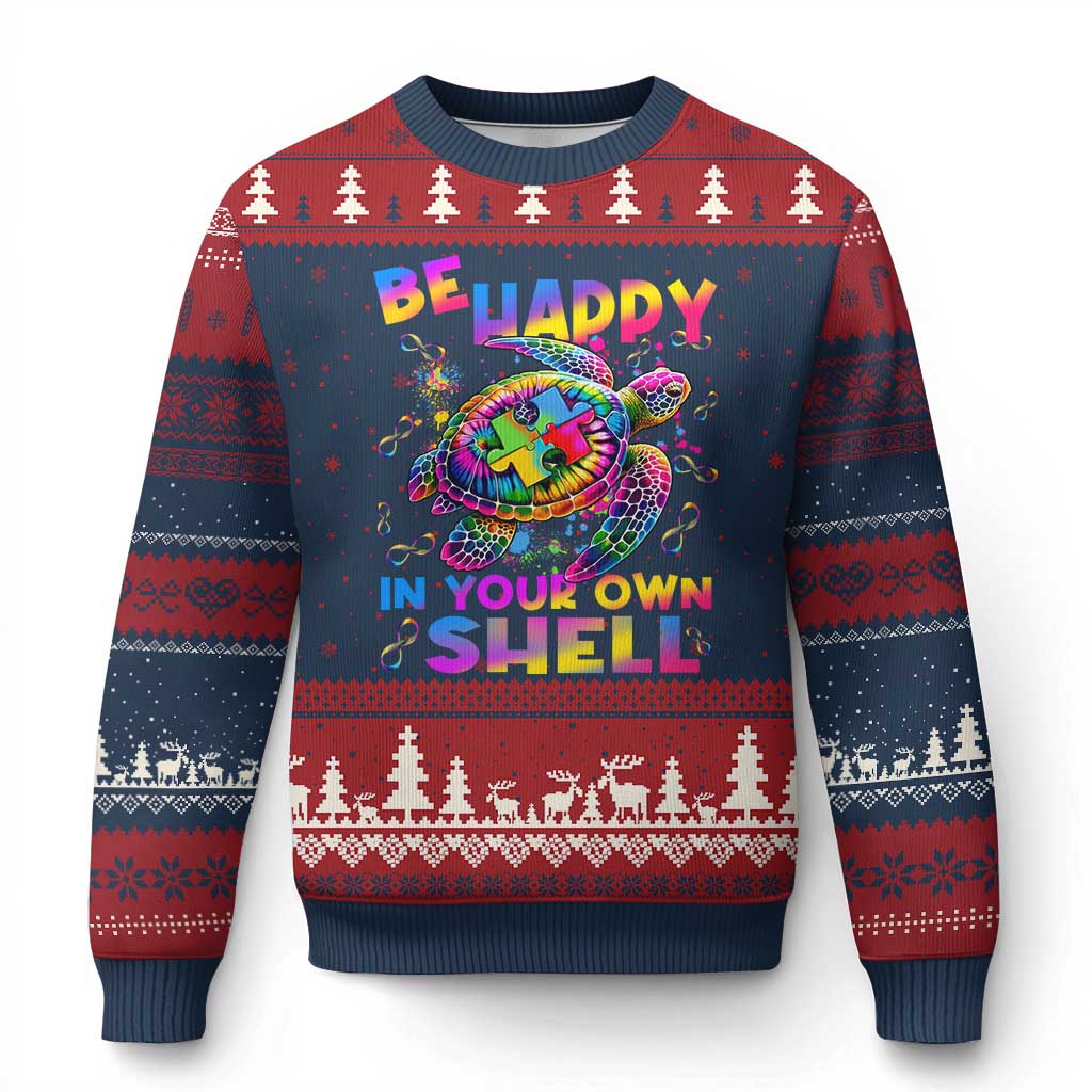 Funny Autism Awareness Be Happy In Your Own Shell Ugly Christmas Sweater Rainbow Puzzle Turtle TS11 Navy Red Print Your Wear