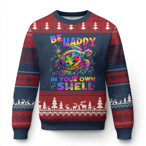 Funny Autism Awareness Be Happy In Your Own Shell Ugly Christmas Sweater Rainbow Puzzle Turtle TS11 Navy Red Print Your Wear
