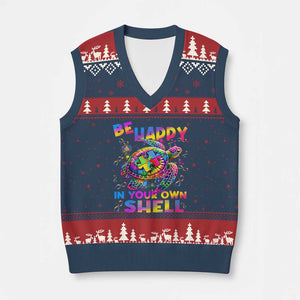 Funny Autism Awareness Be Happy In Your Own Shell V-Neck Knit Sweater Vest Rainbow Puzzle Turtle TS11 Navy Red Print Your Wear