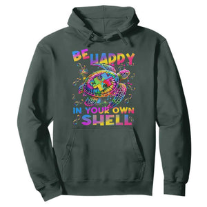 Funny Autism Awareness Be Happy In Your Own Shell Hoodie Rainbow Puzzle Turtle TS11 Dark Forest Green Print Your Wear