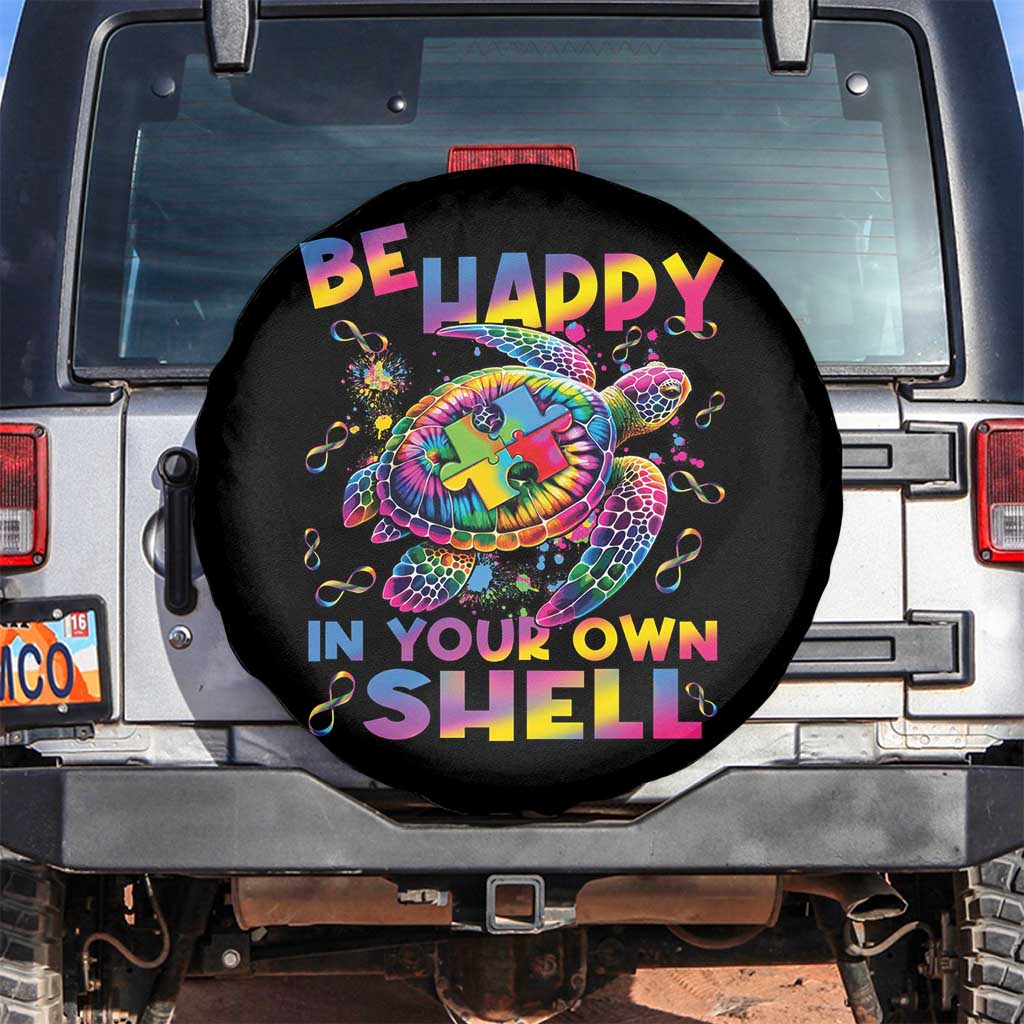 Funny Autism Awareness Be Happy In Your Own Shell Spare Tire Cover Rainbow Puzzle Turtle TS11 No hole Black Print Your Wear