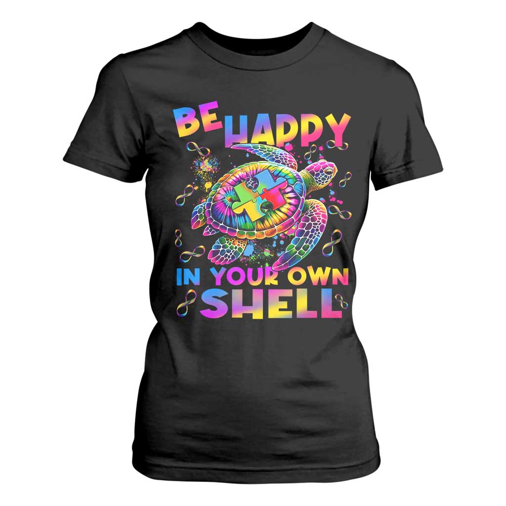 Funny Autism Awareness Be Happy In Your Own Shell T Shirt For Women Rainbow Puzzle Turtle TS11 Black Print Your Wear