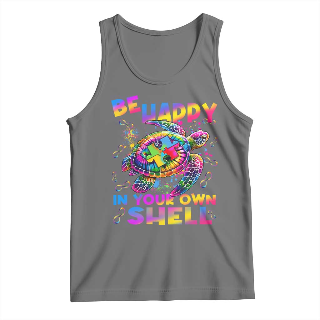Funny Autism Awareness Be Happy In Your Own Shell Tank Top Rainbow Puzzle Turtle TS11 Black Heather Print Your Wear
