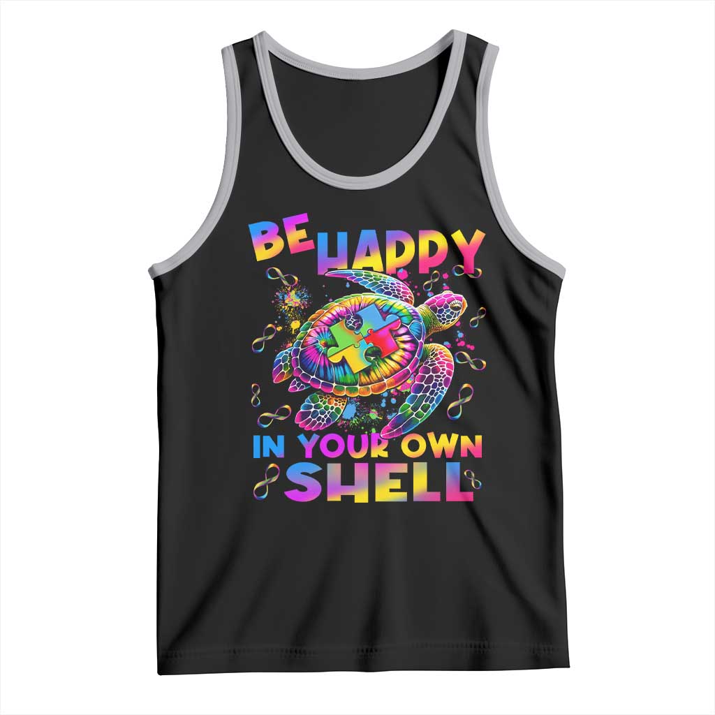 Funny Autism Awareness Be Happy In Your Own Shell Tank Top Rainbow Puzzle Turtle TS11 Black Athletic Heather Print Your Wear