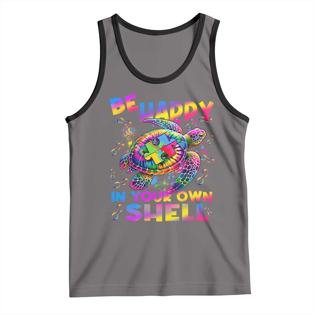 Funny Autism Awareness Be Happy In Your Own Shell Tank Top Rainbow Puzzle Turtle TS11 Deep Heather Black Print Your Wear