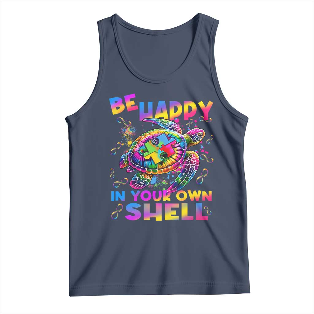 Funny Autism Awareness Be Happy In Your Own Shell Tank Top Rainbow Puzzle Turtle TS11 Navy Print Your Wear