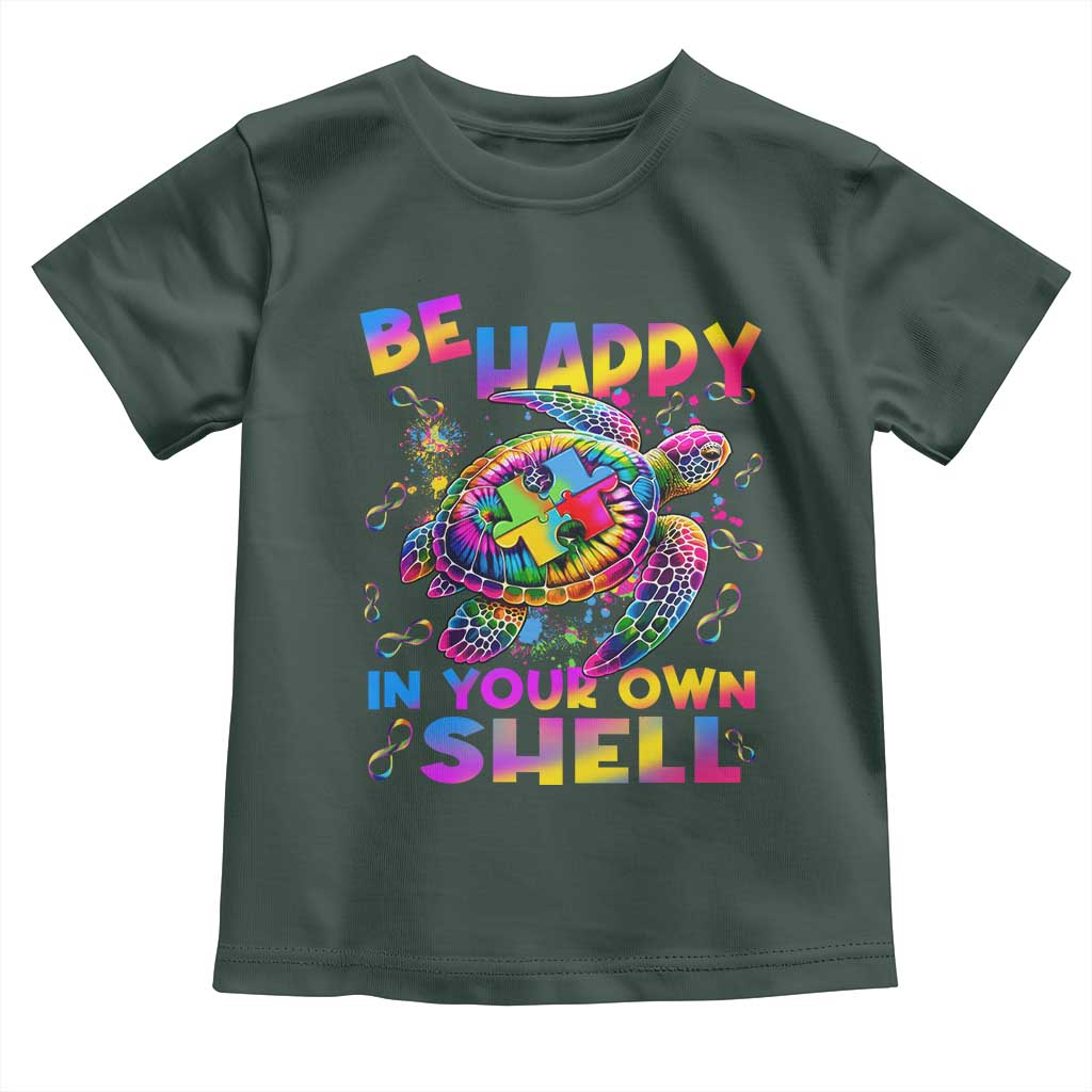 Funny Autism Awareness Be Happy In Your Own Shell Toddler T Shirt Rainbow Puzzle Turtle TS11 Dark Forest Green Print Your Wear