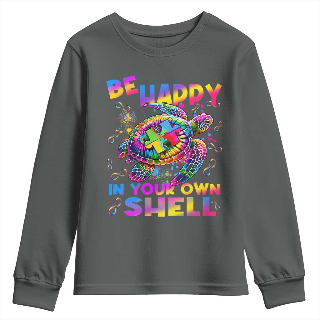 Funny Autism Awareness Be Happy In Your Own Shell Youth Sweatshirt Rainbow Puzzle Turtle TS11 Dark Heather Print Your Wear