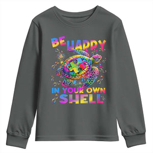 Funny Autism Awareness Be Happy In Your Own Shell Youth Sweatshirt Rainbow Puzzle Turtle TS11 Dark Heather Print Your Wear