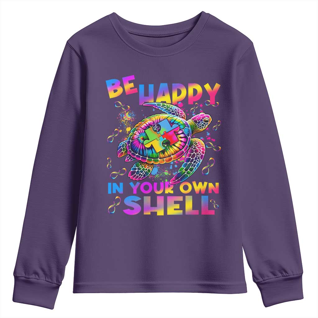 Funny Autism Awareness Be Happy In Your Own Shell Youth Sweatshirt Rainbow Puzzle Turtle TS11 Purple Print Your Wear