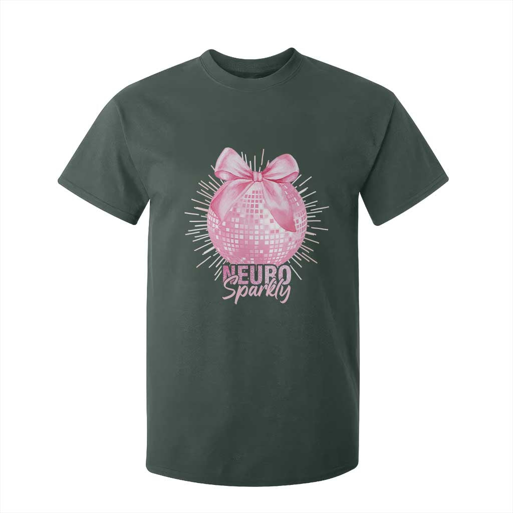 Neurodivergent Neuro Sparkly T Shirt For Kid Autism Spectrum ADHD Pink Bow Disco Ball TS11 Dark Forest Green Print Your Wear