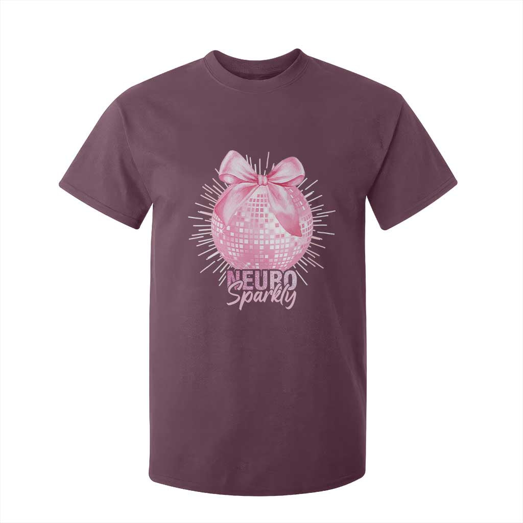 Neurodivergent Neuro Sparkly T Shirt For Kid Autism Spectrum ADHD Pink Bow Disco Ball TS11 Maroon Print Your Wear