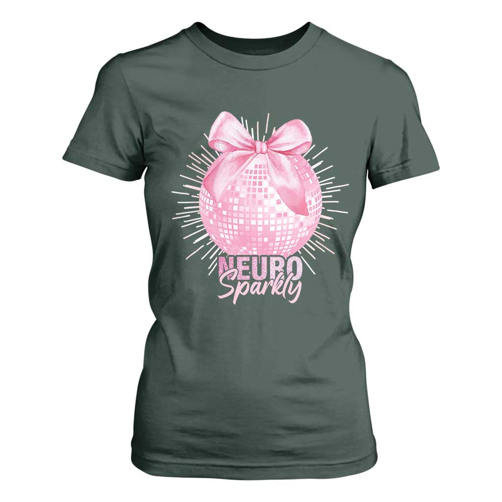 Neurodivergent Neuro Sparkly T Shirt For Women Autism Spectrum ADHD Pink Bow Disco Ball TS11 Dark Forest Green Print Your Wear