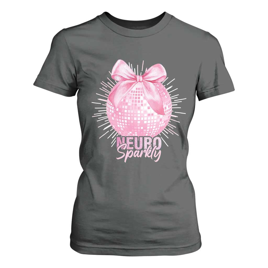 Neurodivergent Neuro Sparkly T Shirt For Women Autism Spectrum ADHD Pink Bow Disco Ball TS11 Dark Heather Print Your Wear