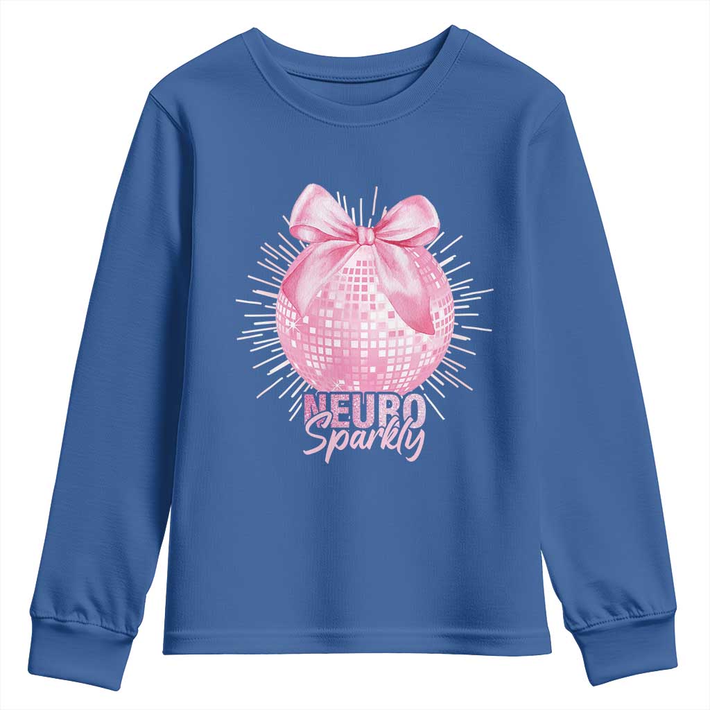 Neurodivergent Neuro Sparkly Youth Sweatshirt Autism Spectrum ADHD Pink Bow Disco Ball TS11 Royal Blue Print Your Wear