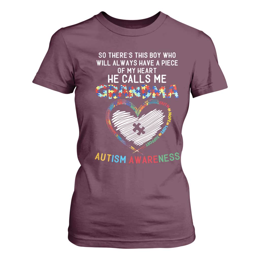 Autism Awareness Grandma T Shirt For Women So There's This Boy Who Will Always Have A Piece Of My Heart He Calls Me Grandma TS11 Maroon Print Your Wear