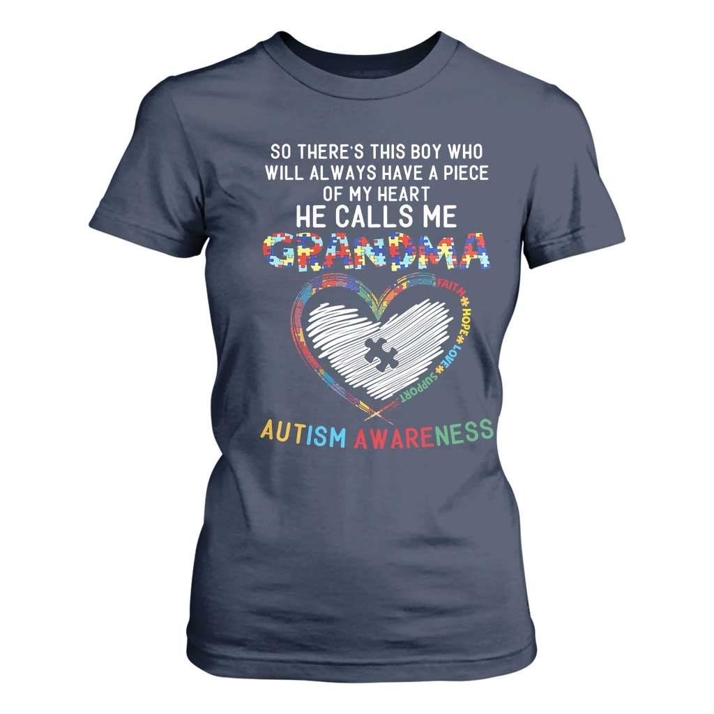 Autism Awareness Grandma T Shirt For Women So There's This Boy Who Will Always Have A Piece Of My Heart He Calls Me Grandma TS11 Navy Print Your Wear