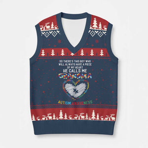 Autism Awareness Grandma V-Neck Knit Sweater Vest So There's This Boy Who Will Always Have A Piece Of My Heart He Calls Me Grandma TS11 Navy Red Print Your Wear