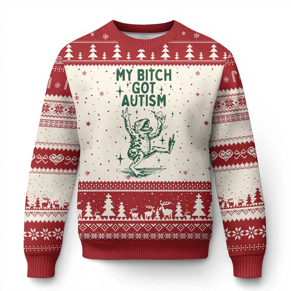 Funny My Bitch Got Autism Meme Ugly Christmas Sweater Autistic Frog TS11 Beige Red Print Your Wear