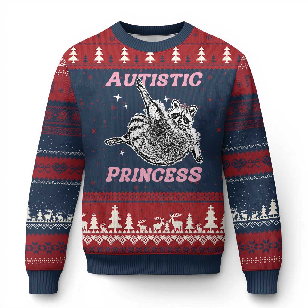 Funny Autistic Princess Ugly Christmas Sweater Autism Awareness Raccoon TS11 Navy Red Print Your Wear