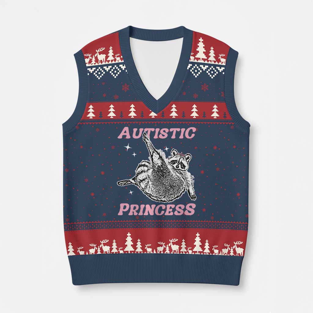 Funny Autistic Princess V-Neck Knit Sweater Vest Autism Awareness Raccoon TS11 Navy Red Print Your Wear
