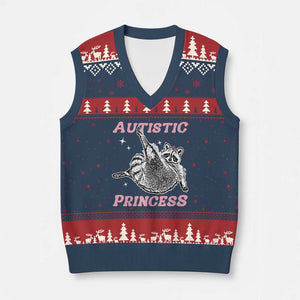 Funny Autistic Princess V-Neck Knit Sweater Vest Autism Awareness Raccoon TS11 Navy Red Print Your Wear