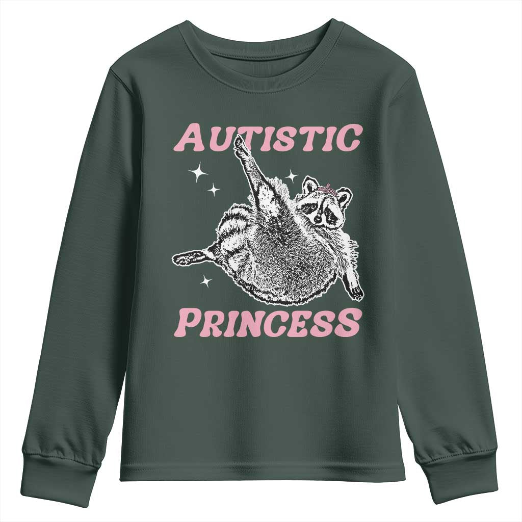Funny Autistic Princess Youth Sweatshirt Autism Awareness Raccoon TS11 Dark Forest Green Print Your Wear