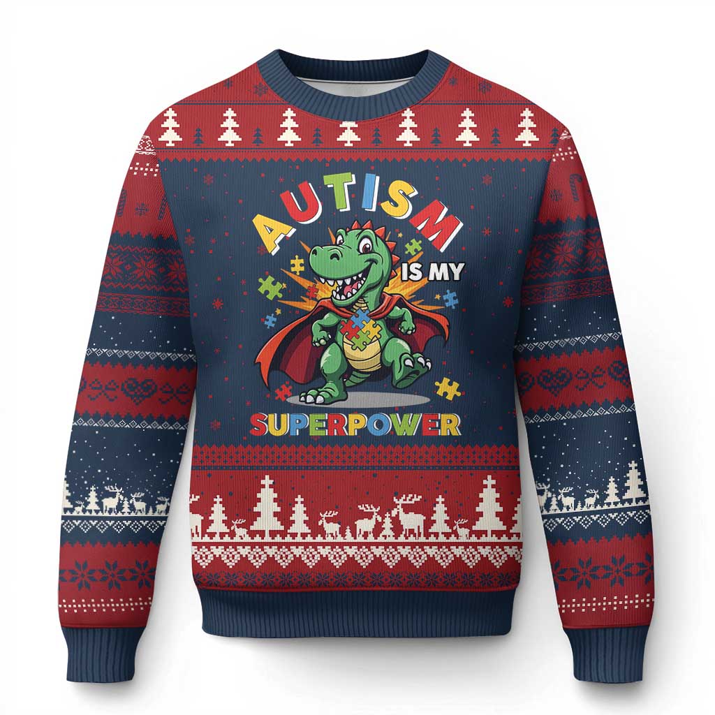 Funny Autism Is My Superpower Ugly Christmas Sweater Autism Awareness Autistic Dinosaur TS11 Navy Red Print Your Wear