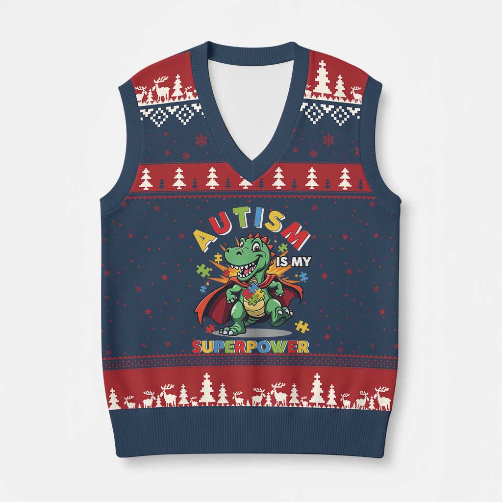 Funny Autism Is My Superpower V-Neck Knit Sweater Vest Autism Awareness Autistic Dinosaur TS11 Navy Red Print Your Wear