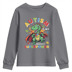 Funny Autism Is My Superpower Youth Sweatshirt Autism Awareness Autistic Dinosaur TS11 Charcoal Print Your Wear