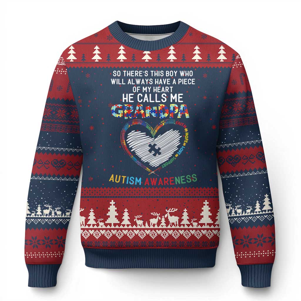 Autism Awareness Grandpa Ugly Christmas Sweater So There's This Boy Who Will Always Have A Piece Of My Heart He Calls Me Grandpa TS11 Navy Red Print Your Wear