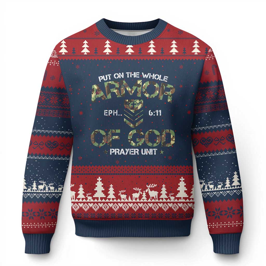 Put On The Whole Armor Of God Prayer Unit Ugly Christmas Sweater Ephesians 6:11 Christian Army TS11 Navy Red Print Your Wear