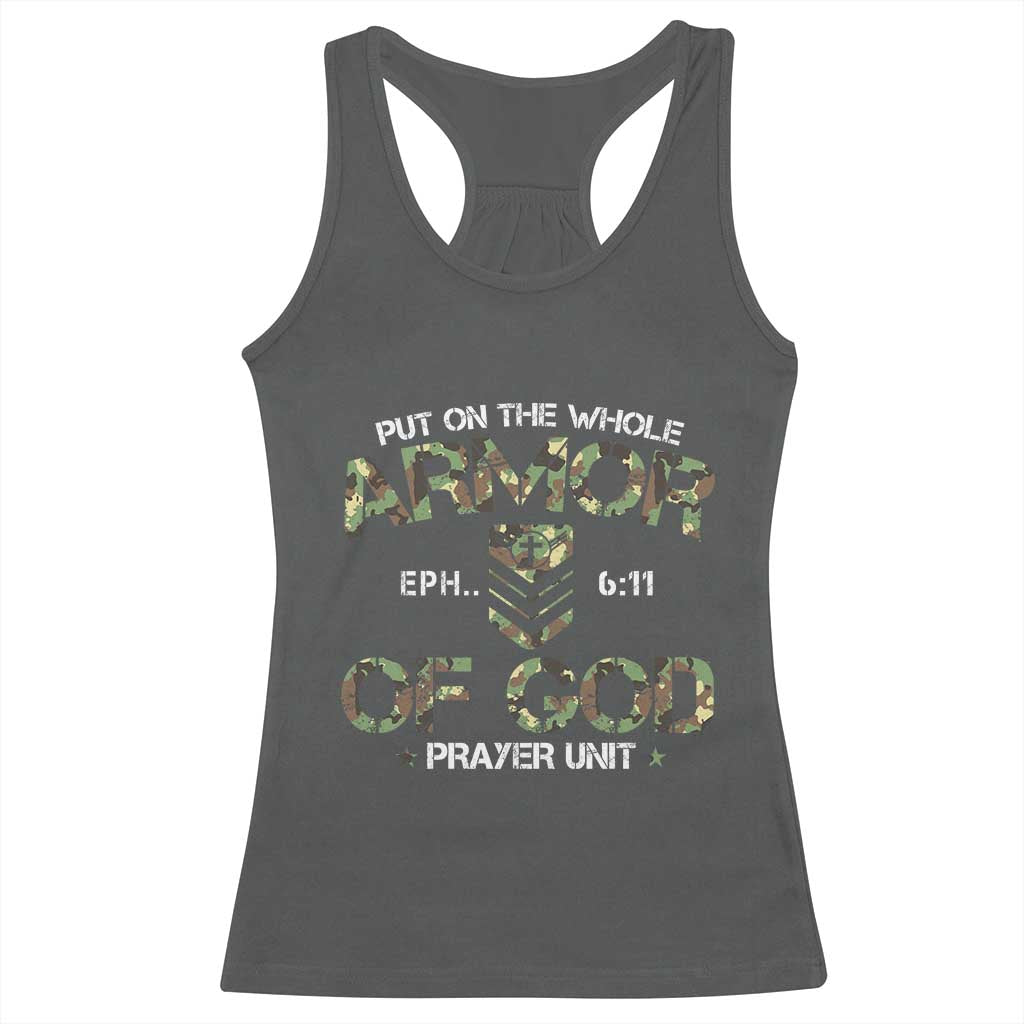 Put On The Whole Armor Of God Prayer Unit Racerback Tank Top Ephesians 6:11 Christian Army TS11 Dark Heather Print Your Wear