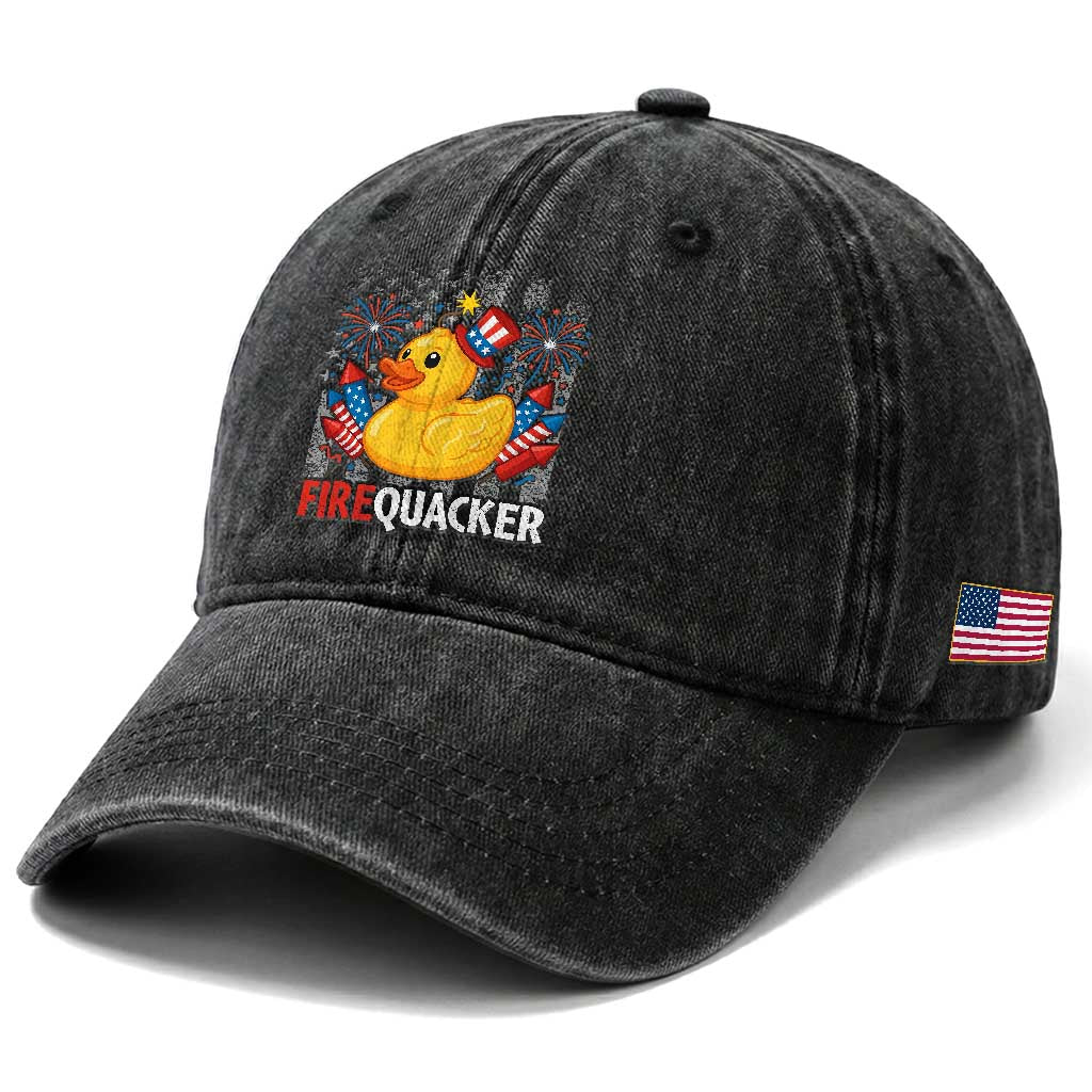 Funny 4th of July Duck Firequacker Washed Cotton Baseball Cap Patriotic Vintage American Flag TS11 Print Your Wear