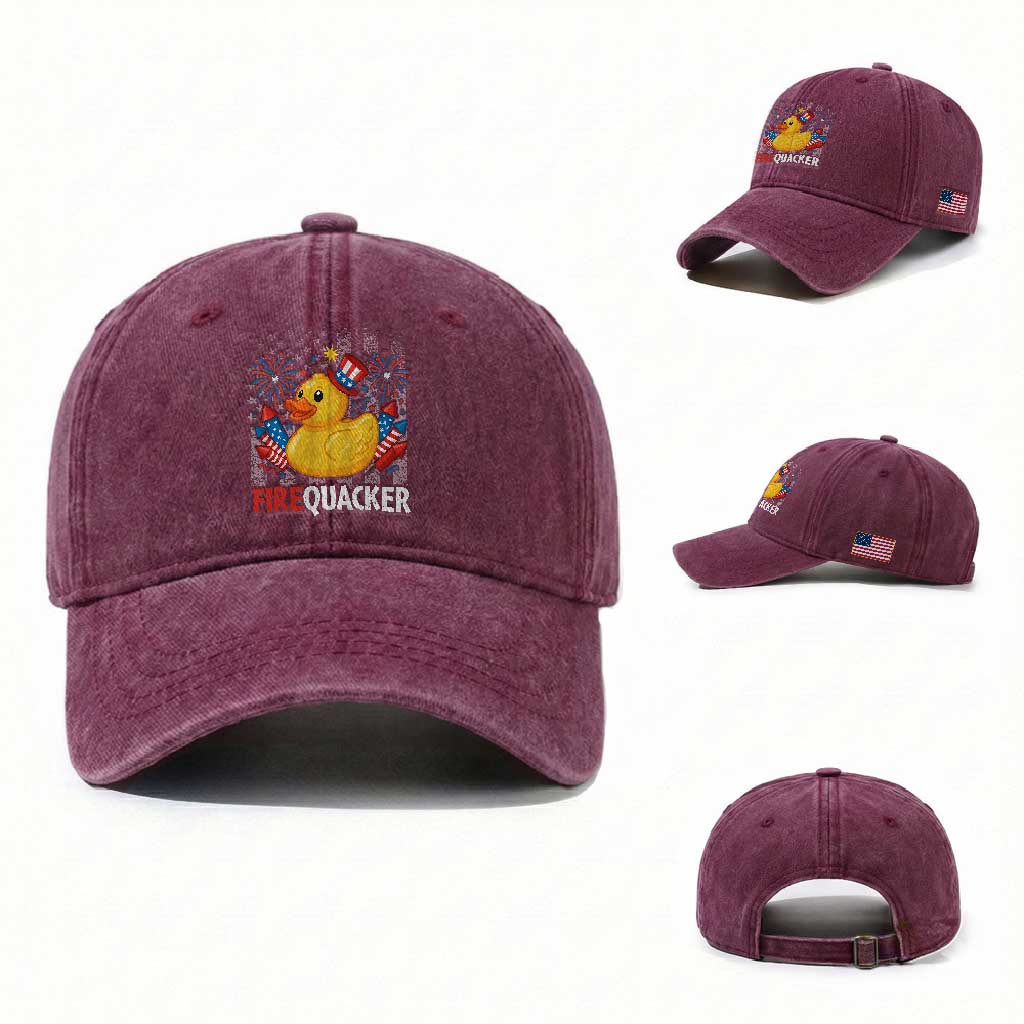 Funny 4th of July Duck Firequacker Washed Cotton Baseball Cap Patriotic Vintage American Flag TS11 Washed Cap Universal Fit Burgundy Print Your Wear