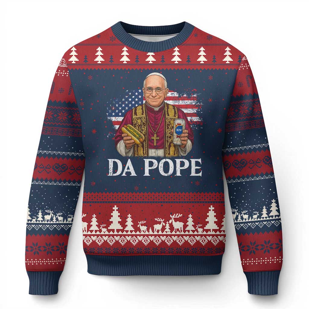 Funny Da Pope America Chicago Leo XIV Ugly Christmas Sweater Hotdog And Beer TS11 Navy Red Print Your Wear