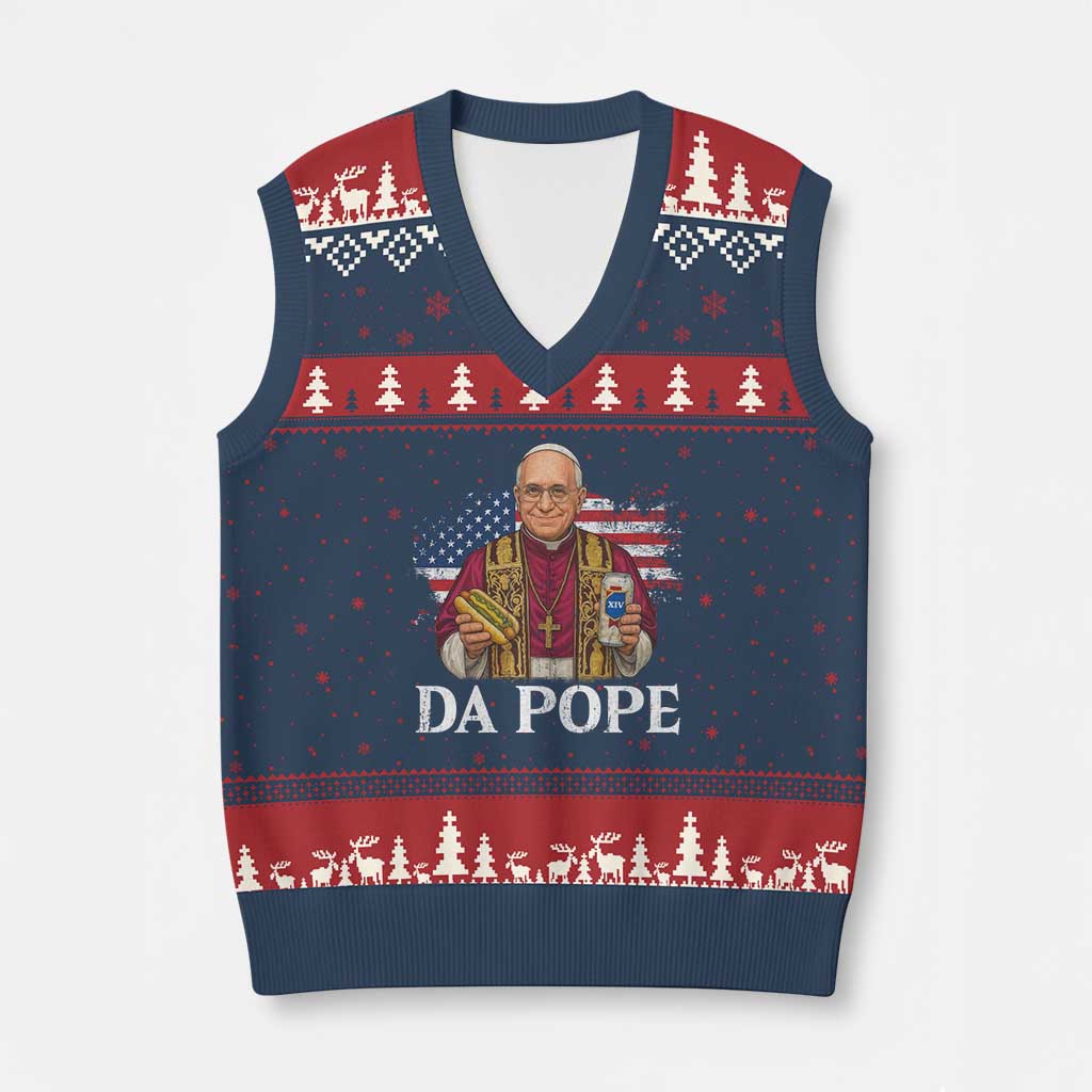 Funny Da Pope America Chicago Leo XIV V-Neck Knit Sweater Vest Hotdog And Beer TS11 Navy Red Print Your Wear