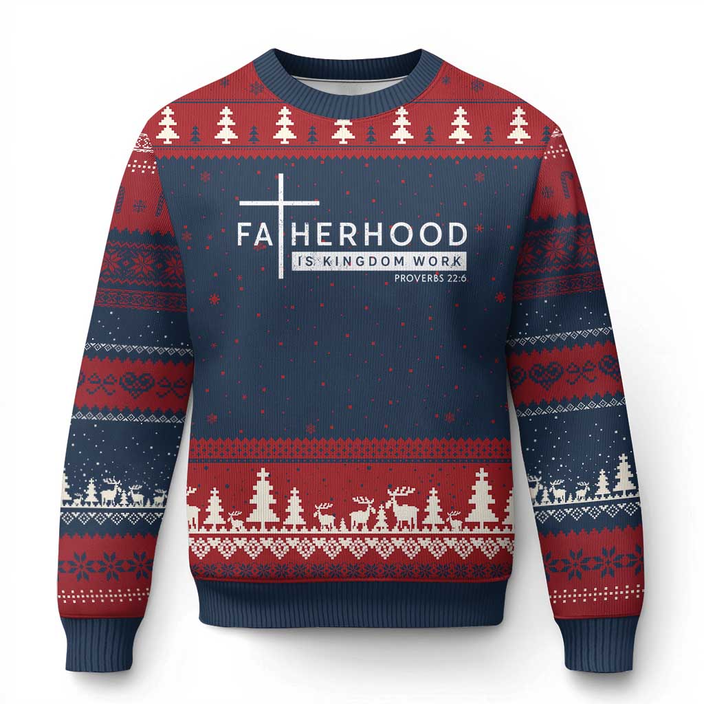Fatherhood Is Kingdom Work Ugly Christmas Sweater Christian Dad TS11 Navy Red Print Your Wear
