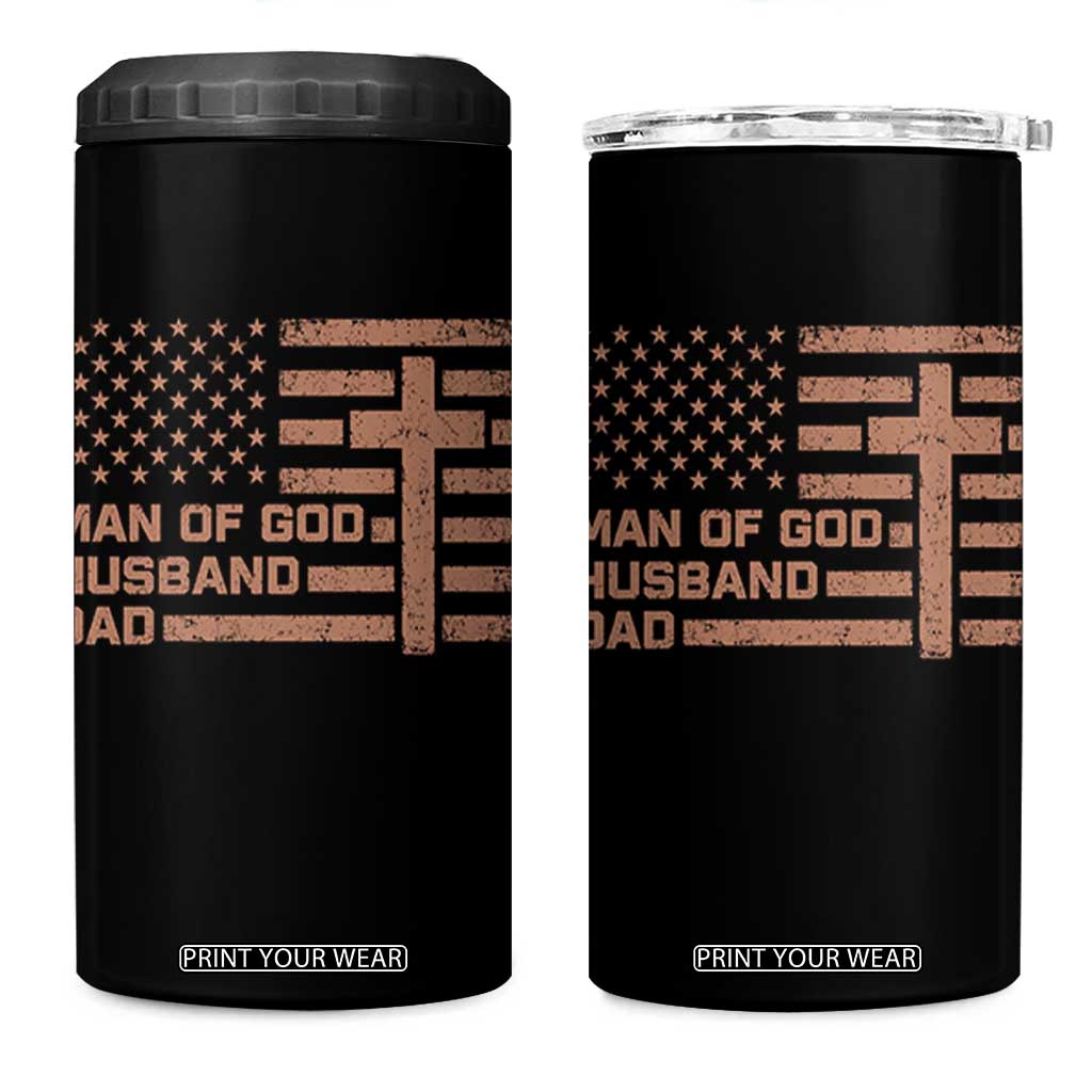 Man of God Husband Dad Christian Dad Father's Day 4 in 1 Can Cooler Tumbler Vintage American Flag TS11 One Size: 16 oz Black Print Your Wear