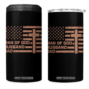 Man of God Husband Dad Christian Dad Father's Day 4 in 1 Can Cooler Tumbler Vintage American Flag TS11 One Size: 16 oz Black Print Your Wear