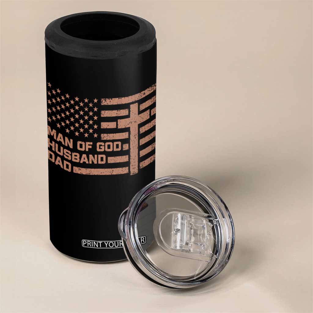 Man of God Husband Dad Christian Dad Father's Day 4 in 1 Can Cooler Tumbler Vintage American Flag TS11 Print Your Wear