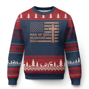 Man of God Husband Dad Christian Dad Father's Day Ugly Christmas Sweater Vintage American Flag TS11 Navy Red Print Your Wear