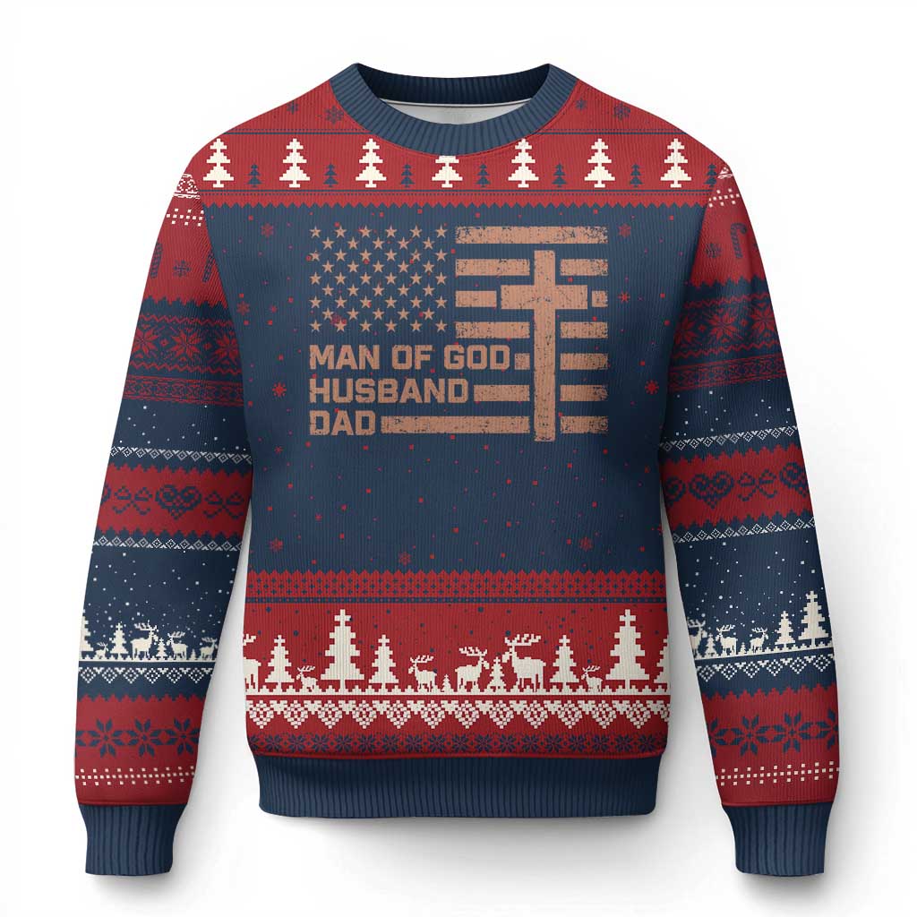 Man of God Husband Dad Christian Dad Father's Day Ugly Christmas Sweater Vintage American Flag TS11 Navy Red Print Your Wear