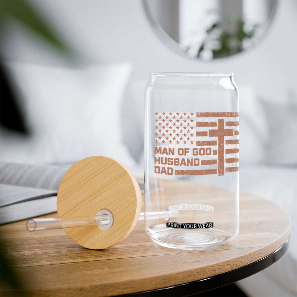 Man of God Husband Dad Christian Dad Father's Day Glass Can Vintage American Flag TS11 Print Your Wear