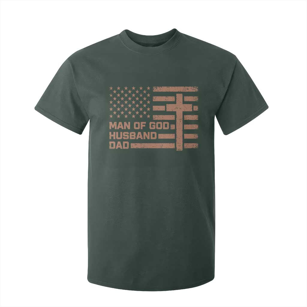 Man of God Husband Dad Christian Dad Father's Day T Shirt For Kid Vintage American Flag TS11 Dark Forest Green Print Your Wear